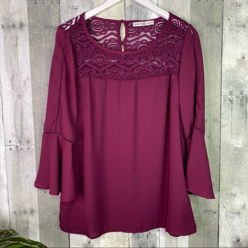 SIGNATURE COLLECTION Purple Lace Tunic Bell Sleeves Size Medium (8-10)